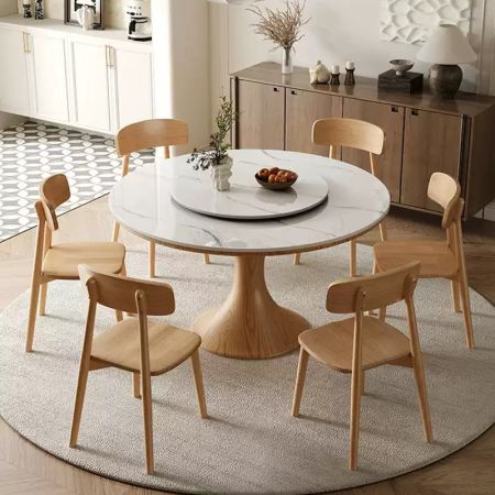 Minimalist Wood Tulip Base Sintered Stone Top Round Dining Table with Lazy Susan More Colours and Sizes Customisable