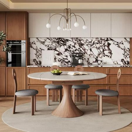 Minimalist Wood Tulip Base Sintered Stone Top Extendable Round Dining Table More Colours and Sizes Customisable