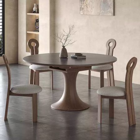 Minimalist Wood Tulip Base Sintered Stone Top Extendable Round Dining Table More Colours and Sizes Customisable