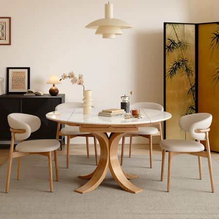 Minimalist Wood Cross Petal Base Sintered Stone Top Extendable Round Dining Table More Colours and Sizes Customisable