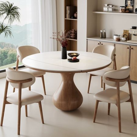 Minimalist Wood Vase Base Sintered Stone Top Extendable Round Dining Table More Colours and Sizes Customisable