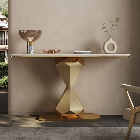 Torch Style Base Metal and Stone Console Table
