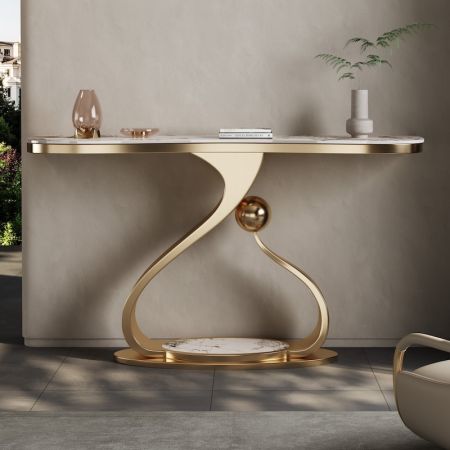 Curved Arc Metal and Stone Console Table