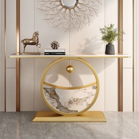 New Chinese Style Half Circle Stone Base Metal and Stone Console Table