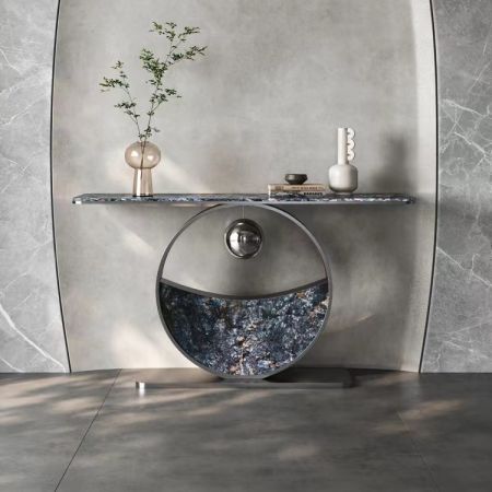 New Chinese Style Half Circle Stone Base Metal and Stone Console Table