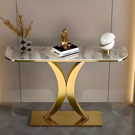 Abstract Half Moon Metal and Stone Console Table