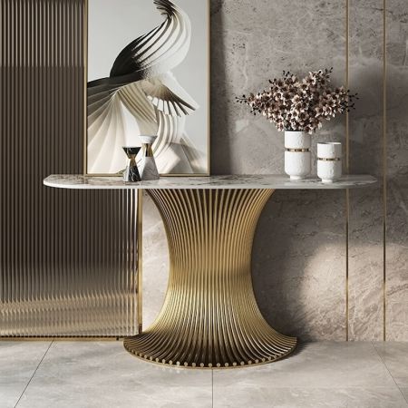 Glam Abstract Curved Metal and Stone Console Table