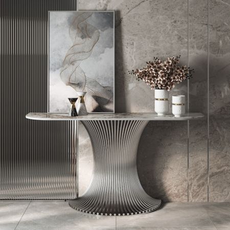 Glam Abstract Curved Metal and Stone Console Table