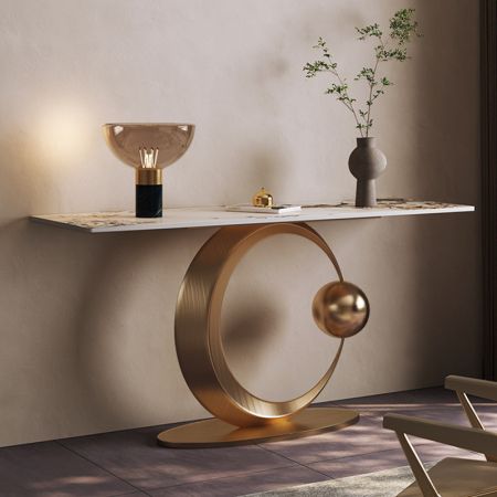 Half Moon Stainless Steel and Stone Console Table with Electroplating Finish
