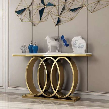 Oval Circle Metal and Stone Console Table with Electroplating Finish