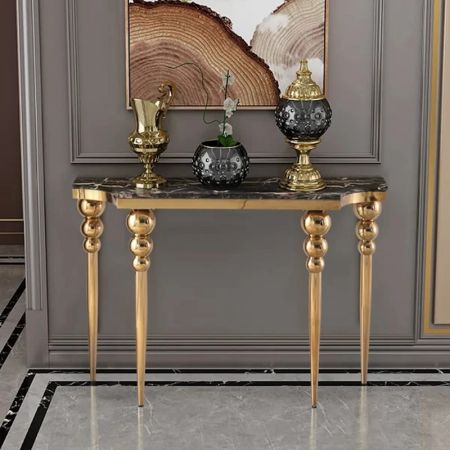 Mid-Century Style Glam Metal and Stone Console Table