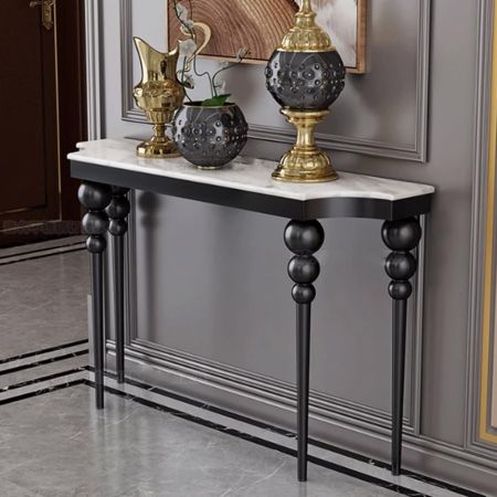 Mid-Century Style Glam Metal and Stone Console Table