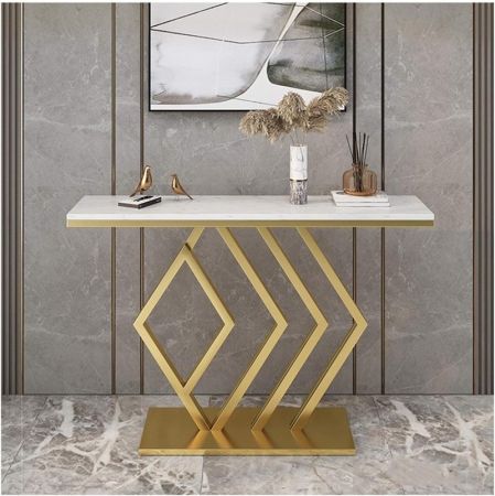 Half Diamond Base Metal and Stone Console Table with Electroplating Finish