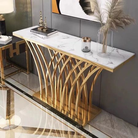 Glam Polycurved Base Metal and Stone Console Table