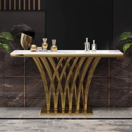 Glam Polycurved Base Metal and Stone Console Table