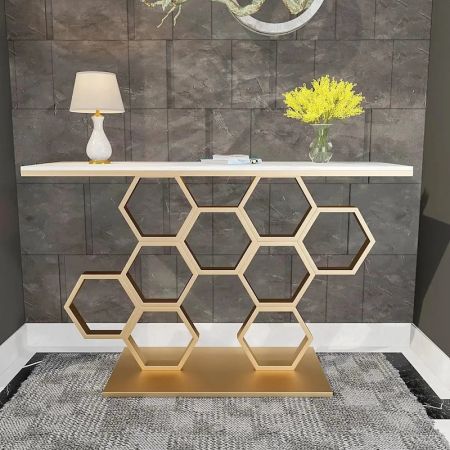 Honeycomb Metal and Stone Console Table with Electroplating Finish