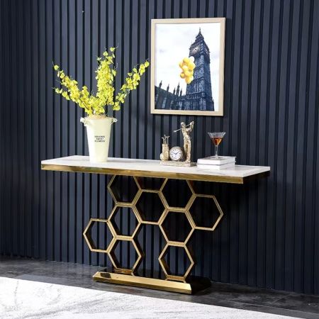 Honeycomb Metal and Stone Console Table with Electroplating Finish