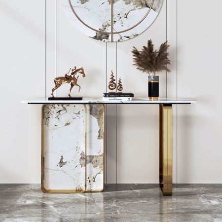 Stone Rectangle Base with Metal Frame Console Table