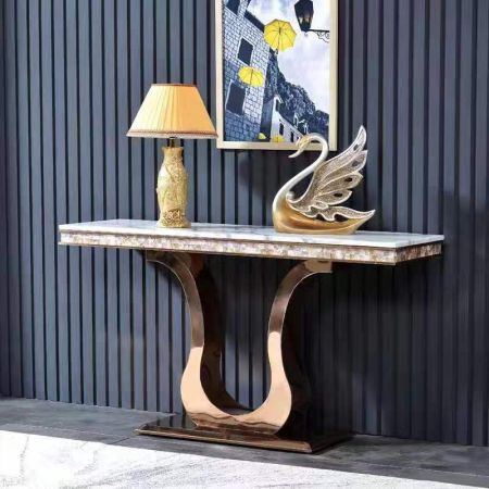 Waved U Base Metal and Stone Console Table with Shell Décor and Electroplating Finish