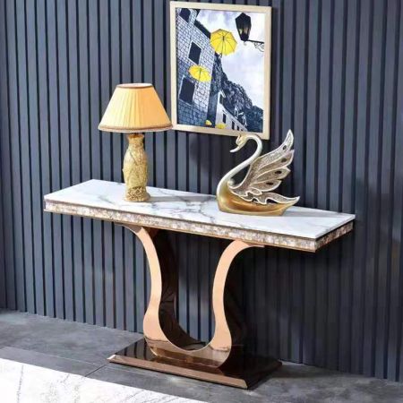 Waved U Base Metal and Stone Console Table with Shell Décor and Electroplating Finish