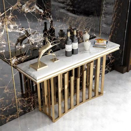 Banister Base Metel and Stone Console Table with Shell Décor and Electroplating Finish