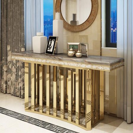 Banister Base Metel and Stone Console Table with Shell Décor and Electroplating Finish