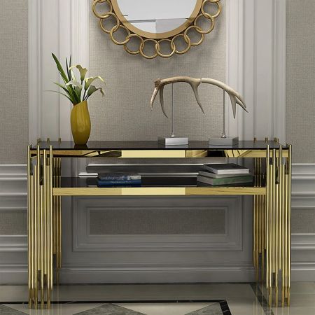 Post-Modern Luxury Metal and Tempered Glass Console Table with Electroplating Finish
