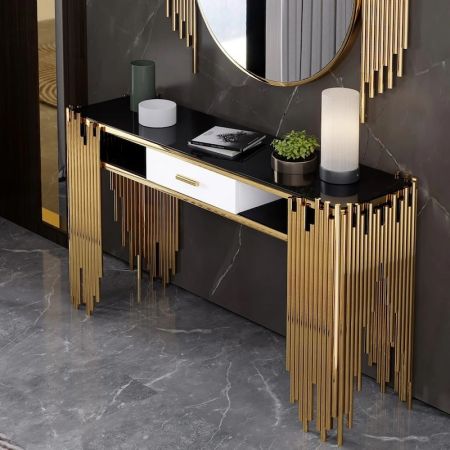 Post-Modern Luxury Metal and Tempered Glass Console Table with Electroplating Finish