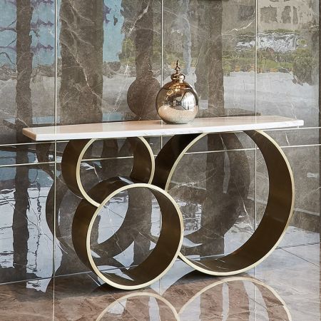 Three Circle Base Metal and Stone Console Table with Electroplating Finish