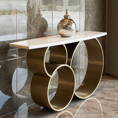 Three Circle Base Metal and Stone Console Table with Electroplating Finish