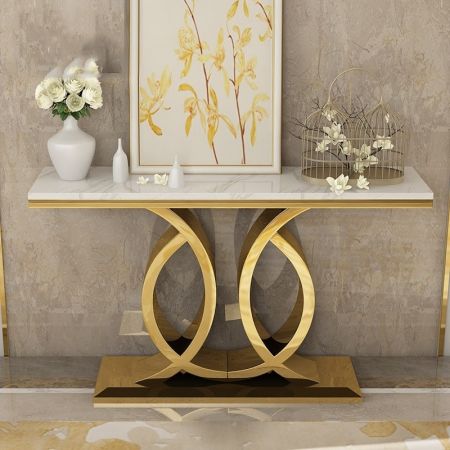 Abstract Circle Base Metal and Stone Console Table with Electroplating Finish