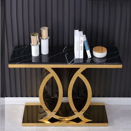 Abstract Circle Base Metal and Stone Console Table with Electroplating Finish
