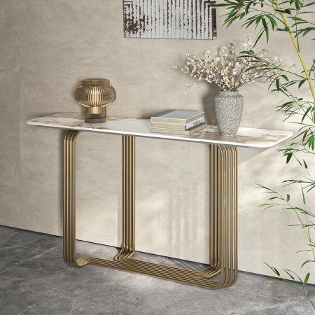 Sled Base Metal and Stone Console Table with Electroplating Finish