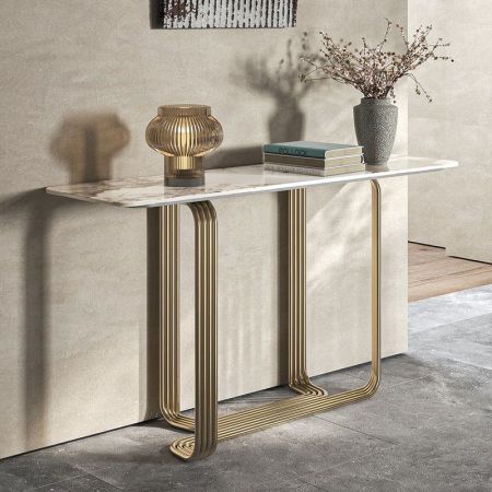 Sled Base Metal and Stone Console Table with Electroplating Finish