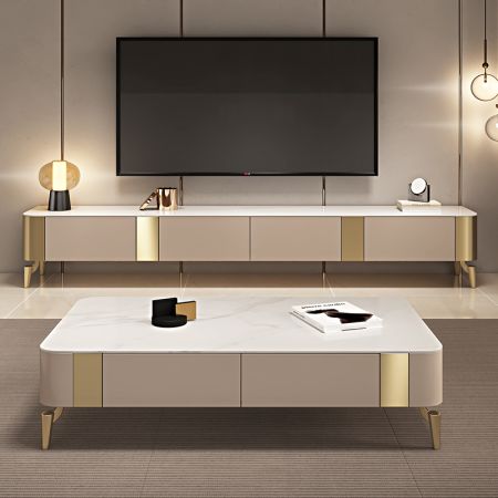 Beige Sintered Stone and Metal Legs Coffee Table