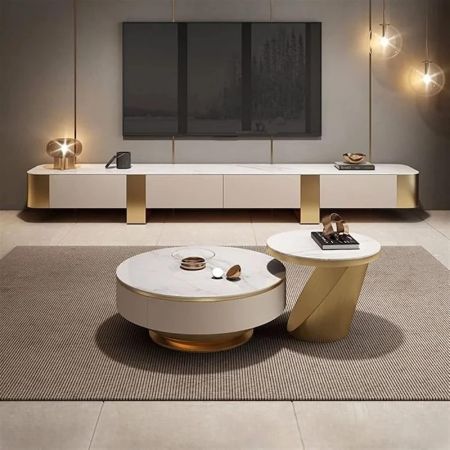 Modern Beige Sintered Stone and Metal Base Round Coffee Table Set of 2