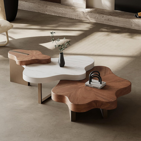 Unique Cloud Shape Metal and Wood Coffee Table Set of 3