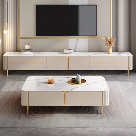 Beige Sintered Stone Metal Legs TV Stand/TV Unit with 4 Drawers and Cabinets