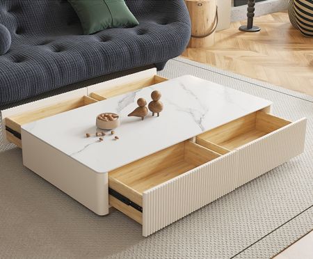 Minimalist Beige Sintered Stone Rectangle Coffee Table 
