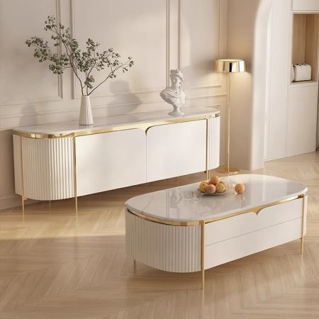 Modern Sintered Stone Oval Coffee Table with 4 Drawers