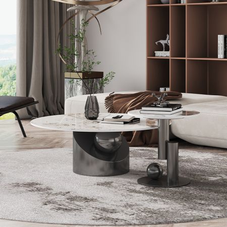Metal Side Ball Base Sintered Stone Round Coffee Table Model YD24