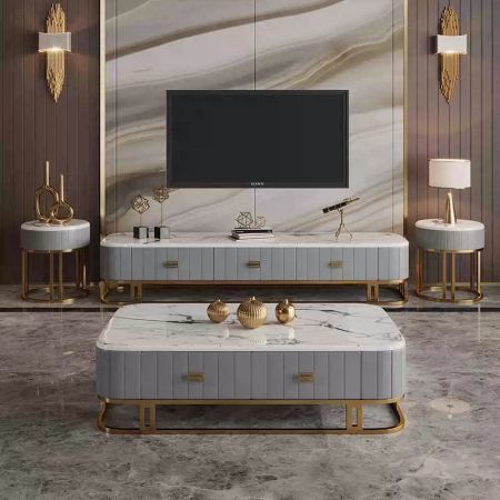 Leather Sintered Stone Rectangle TV Stand/TV Unit with Sled Metal Legs
