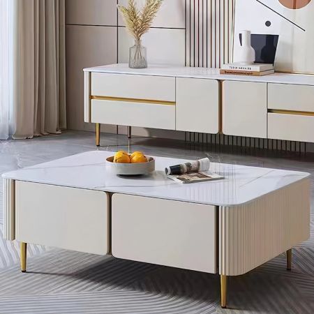 Minimalist Beige Sintered Stone Rectangle Coffee Table with Metal Legs