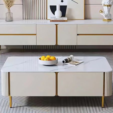 Minimalist Beige Sintered Stone Rectangle Coffee Table with Metal Legs