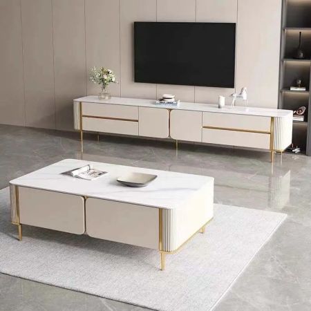 Minimalist Beige Sintered Stone Rectangular TV Stand/TV Unit Cocktail Table Buffet Sideboard with Metal Legs