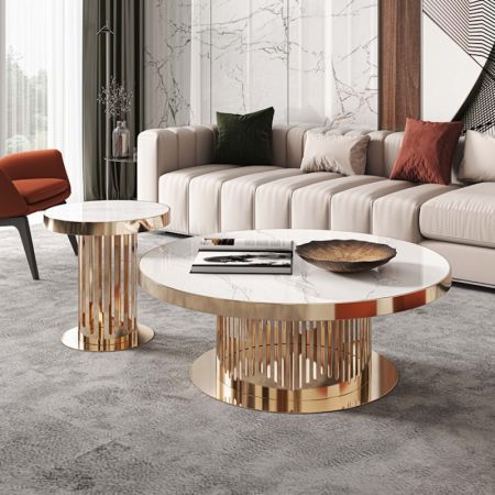 Fence Post Metal Base Sintered Stone Round Coffee Table