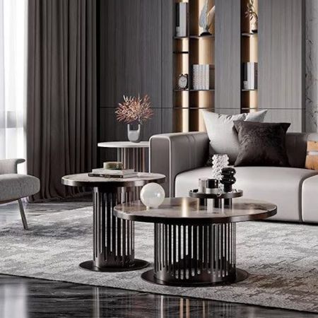 Fence Post Metal Base Sintered Stone Round Coffee Table