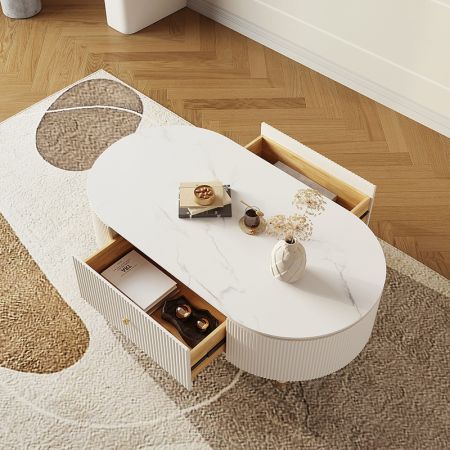 Striped White Sintered Stone Oval Coffee Table with Metal Legs