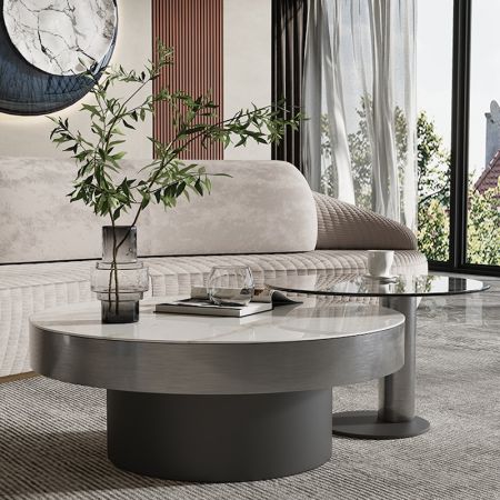 Brushed Metal Base with Sintered Stone and Glass Top Round Coffee Table