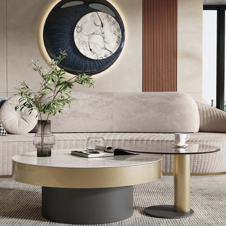 Brushed Metal Base with Sintered Stone and Glass Top Round Coffee Table